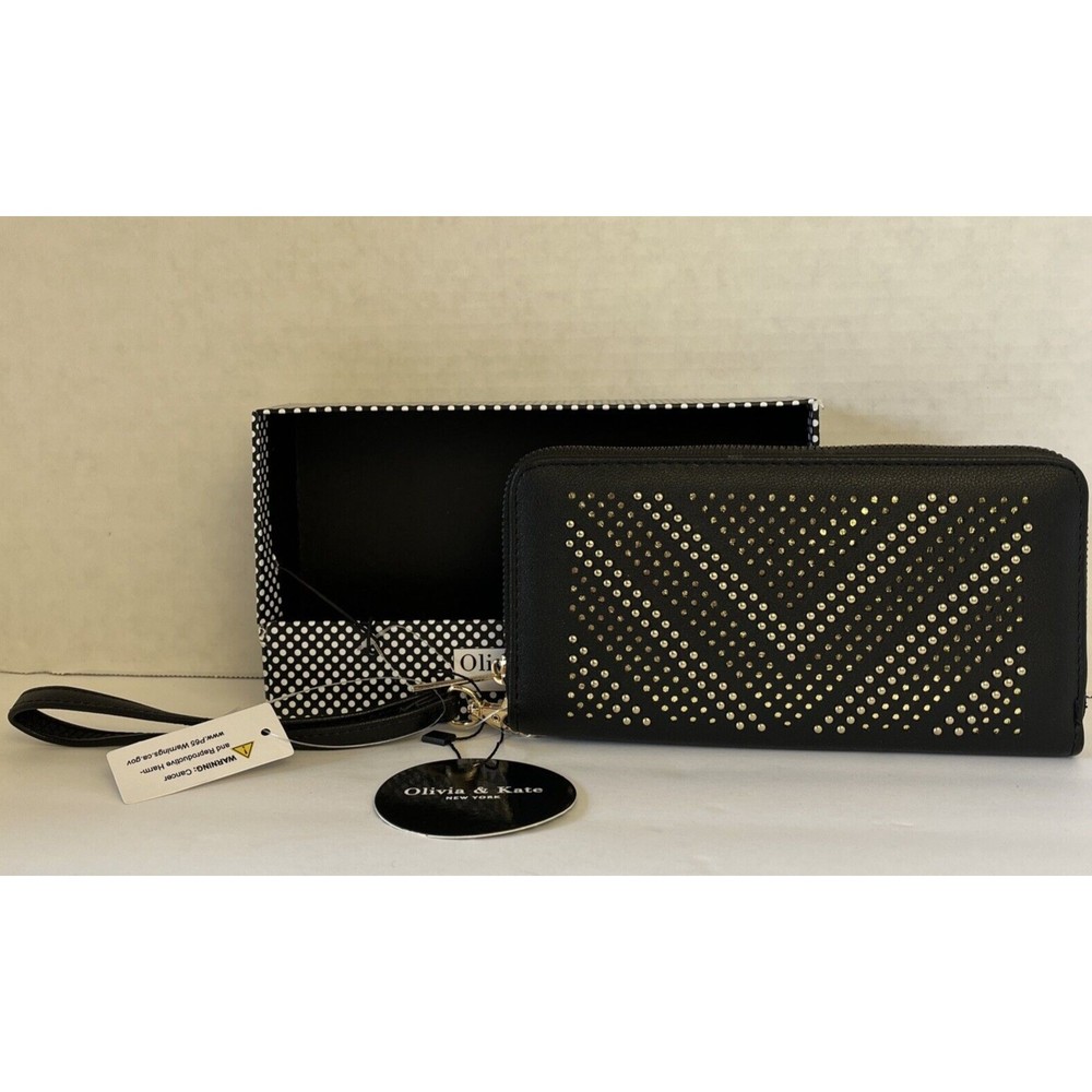 Olivia & Kate Wristlet Wallet 7.5x4 inch Black Gold Studs Credit Card Holder